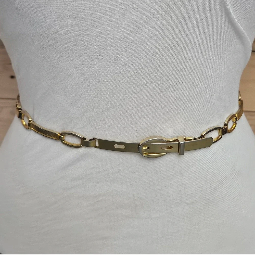 Vintage Gold Tone Metal Link Chain Belt Adjustable Buckle Waist Accessory 35in